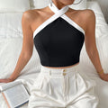 Black and white color-blocked halter top