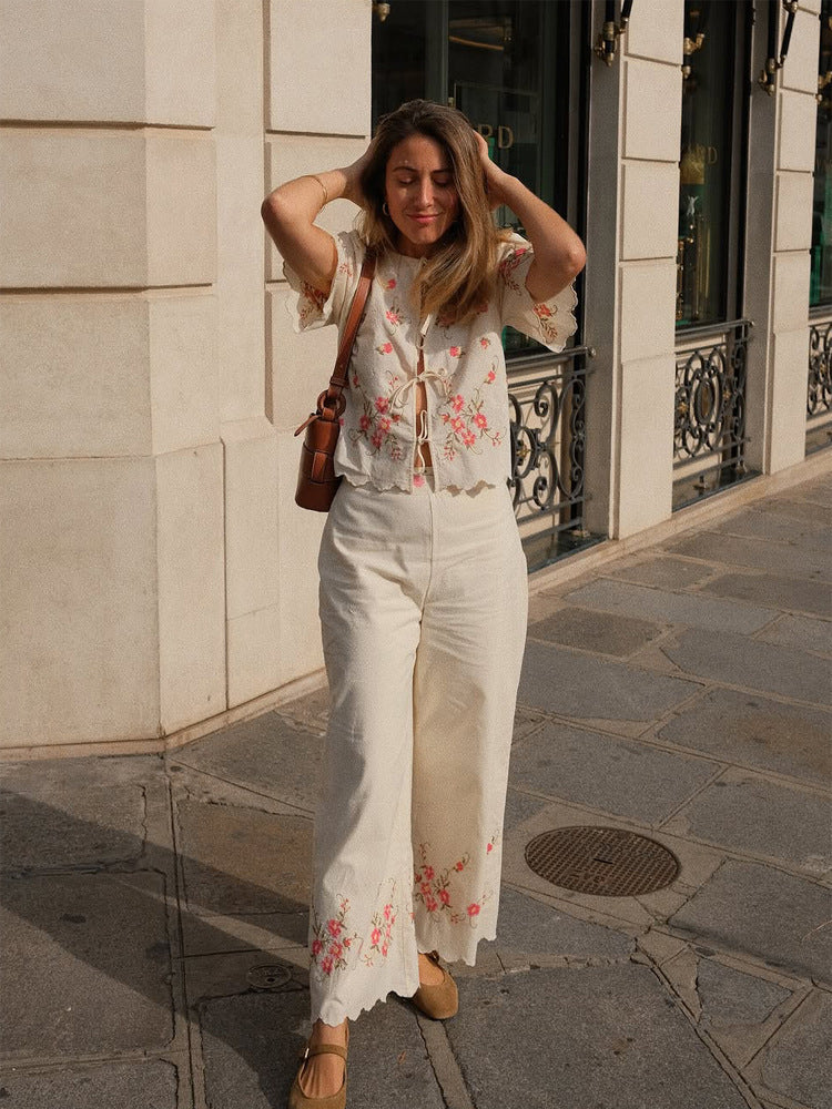 embroidery with flush edge short top