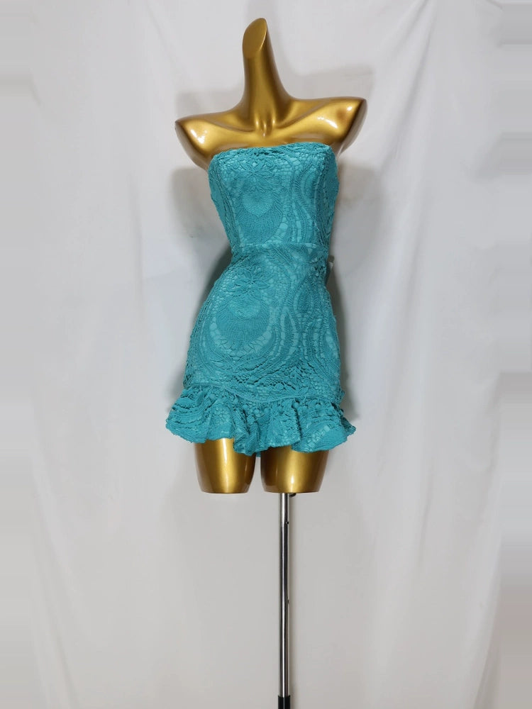 blue lace wrap chest mini dress