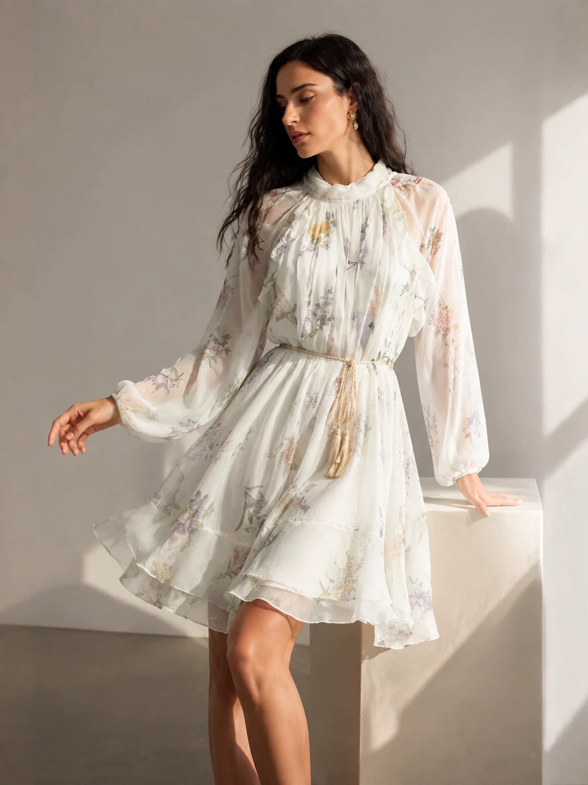 white Floral Chiffon Ruffled Tassel Belt Dress