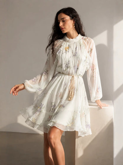 white Floral Chiffon Ruffled Tassel Belt Dress
