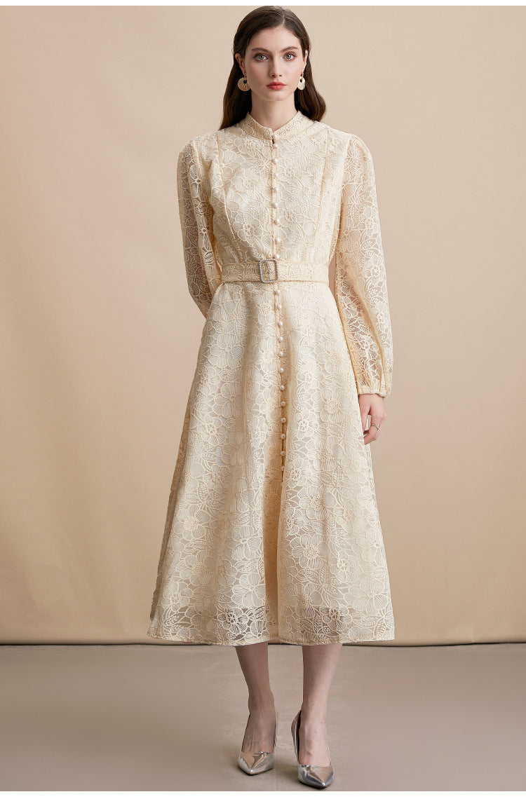 Lace embroidered stand-up collar single-breasted full skirt dress