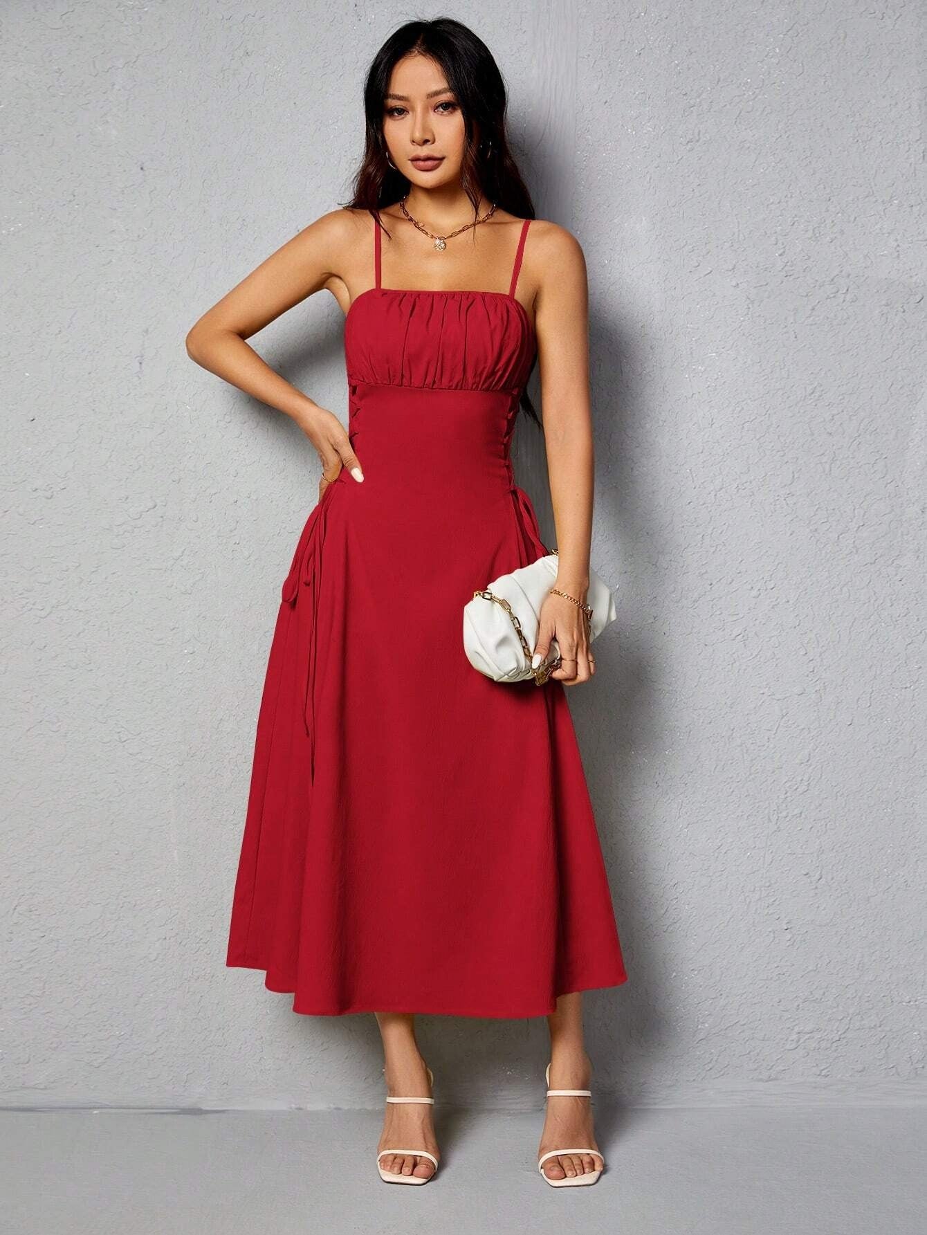 red Tie-up sleeveless suspender dress