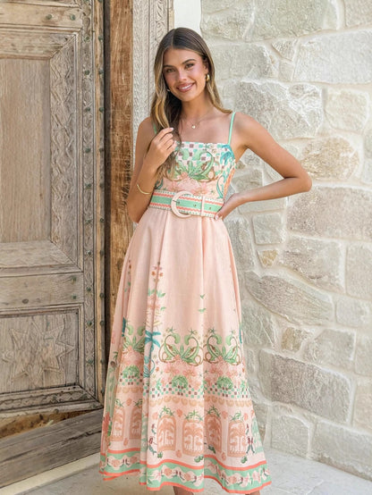 pink large swing floral linen sleeveless slip dress