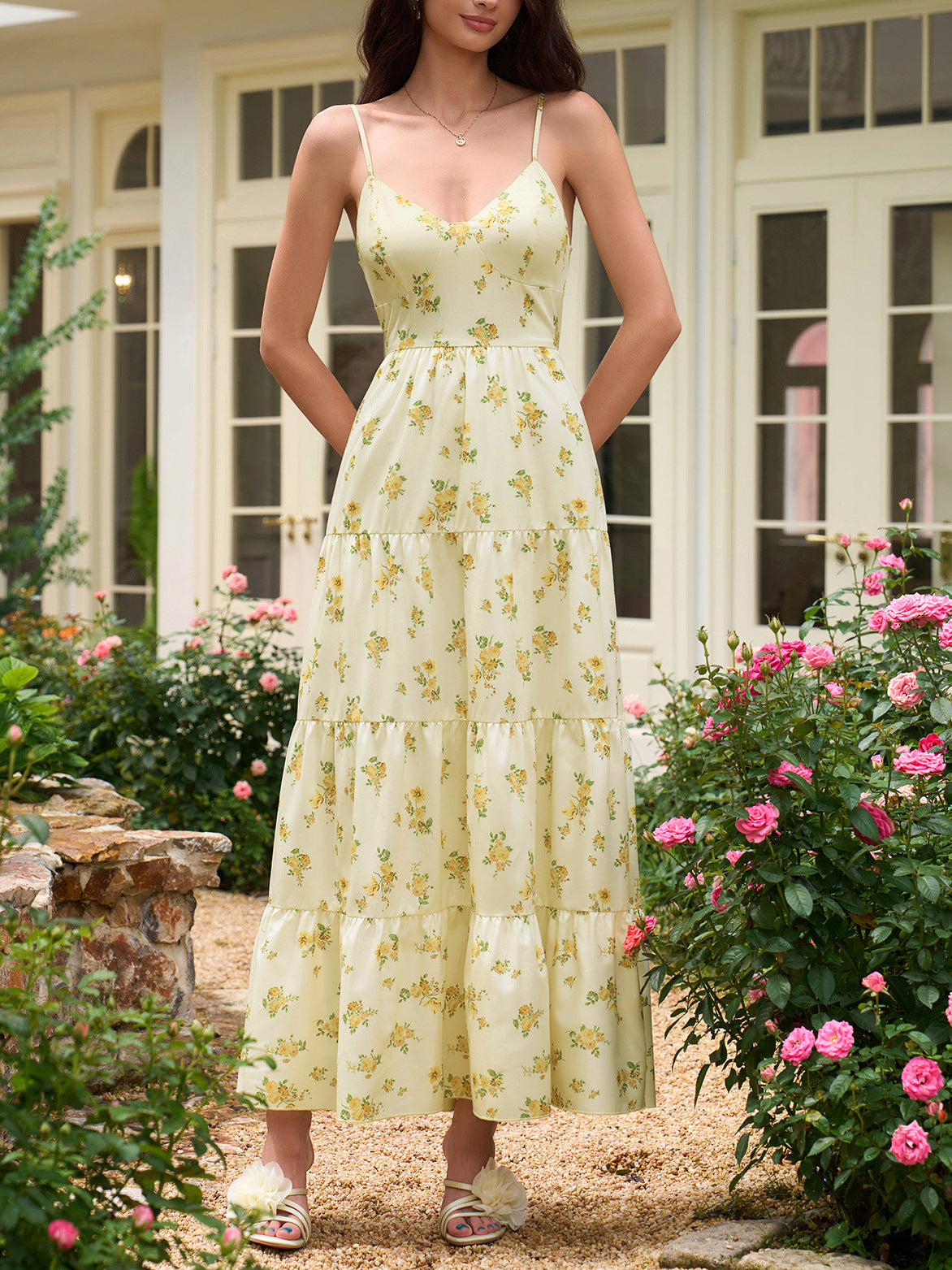 yellow V-neck floral print backless camisole dress