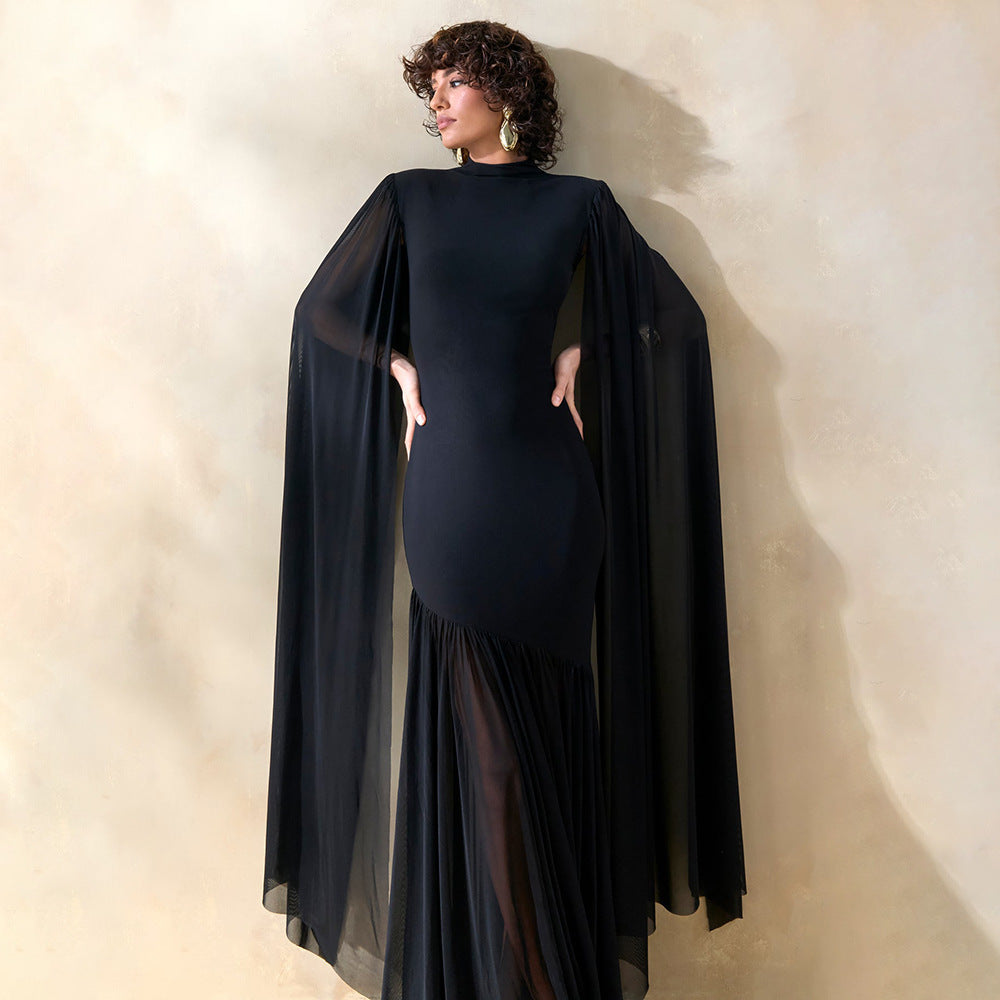 black mesh streamer maxi dress