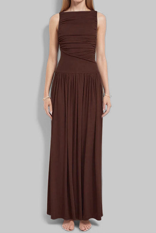 brown Pleated sleeveless maxi dress