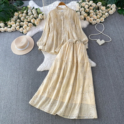 Summer Embroidered Floral Round Neck Pleated Long Sleeve Shirt Two-Piece Set
