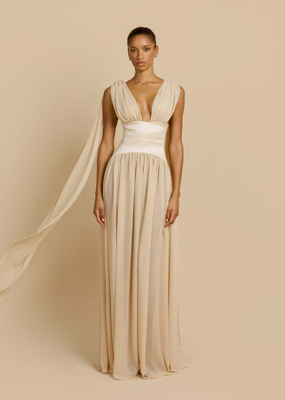 apricot swing pleated waist maxi dress