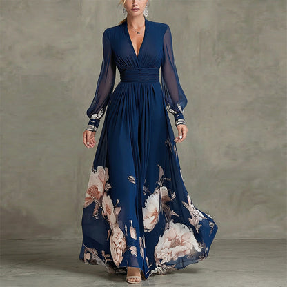 blue long sleeve printed V-neck maxi dress