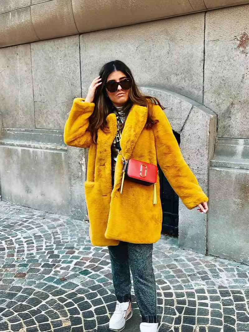 plus-size fur plush loose lapel midi coat