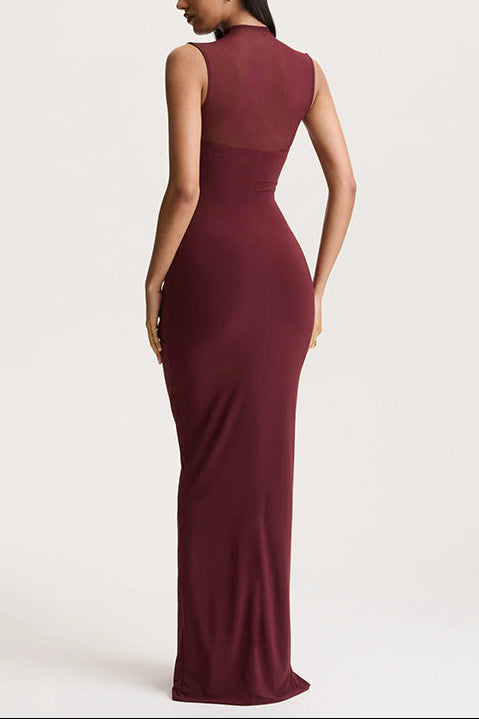 red wine mesh high neck sleeveless splicing pleated dress