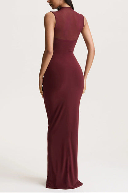 red wine mesh high neck sleeveless splicing pleated dress