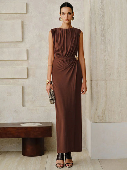 brown round neck sleeveless twisted maxi dress