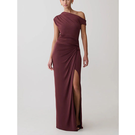 Pleated High Slit Slanted Shoulder Dress