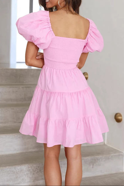pink square neck puff sleeves ruffled pleated dress