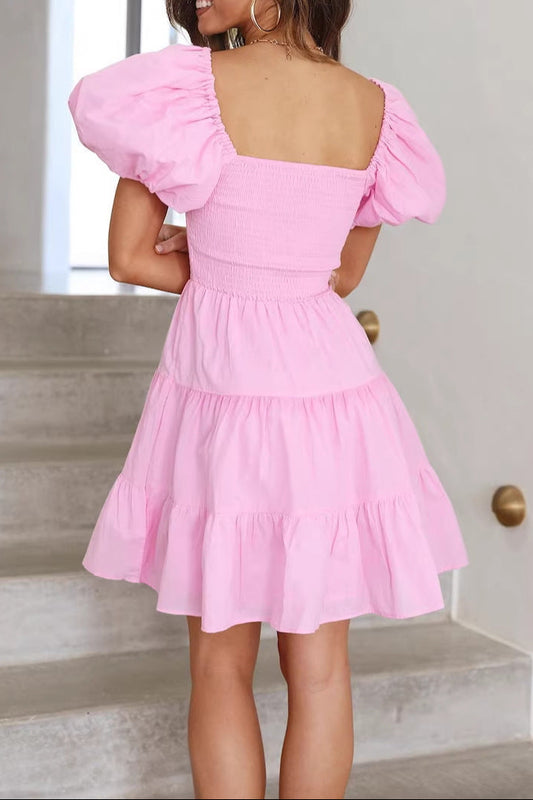 pink square neck puff sleeves ruffled pleated dress