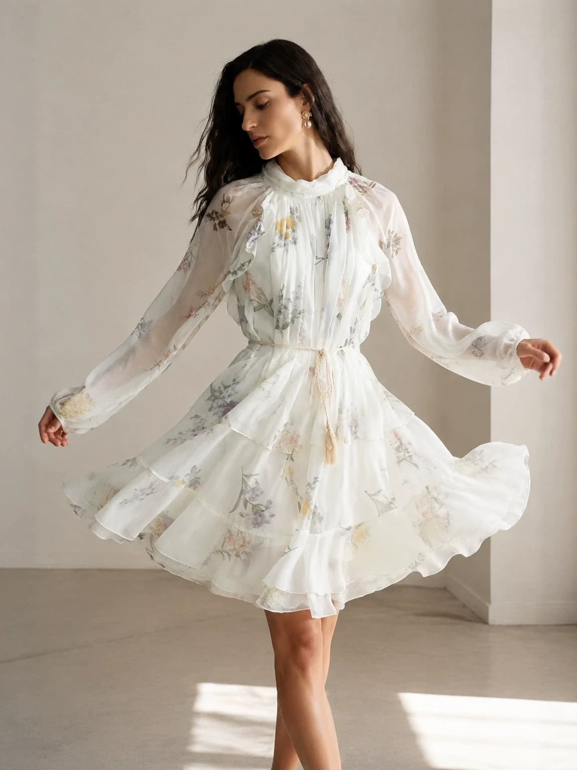 white Floral Chiffon Ruffled Tassel Belt Dress