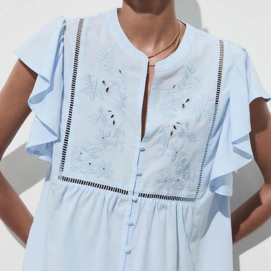 blue Hollow Embroidered Layered Lapel Short-Sleeve Shirt