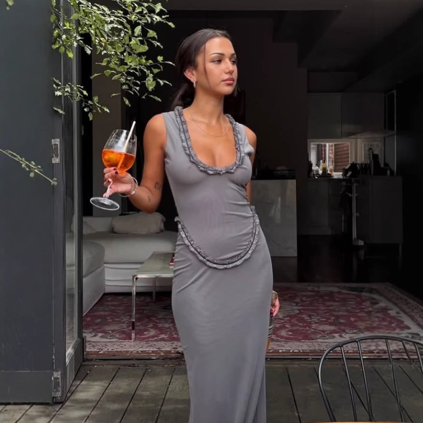 grey lace sleeveless maxi dress