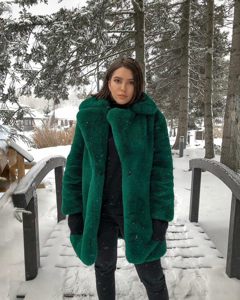 plus-size fur plush loose lapel midi coat