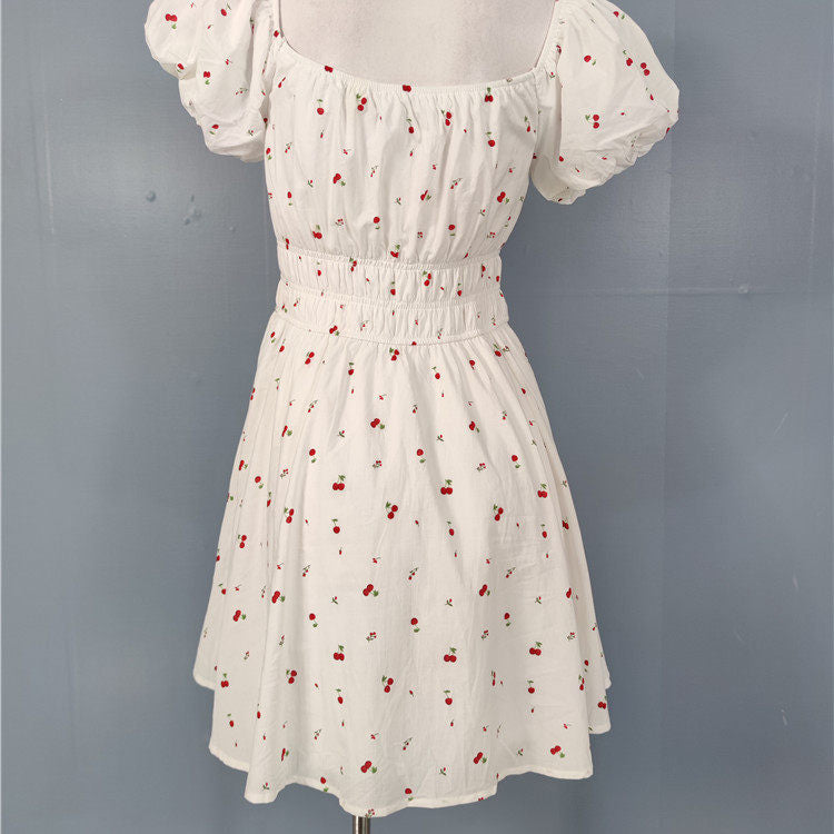 white cherry print short sleeve mini dress