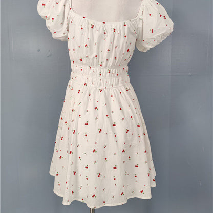 white cherry print short sleeve mini dress