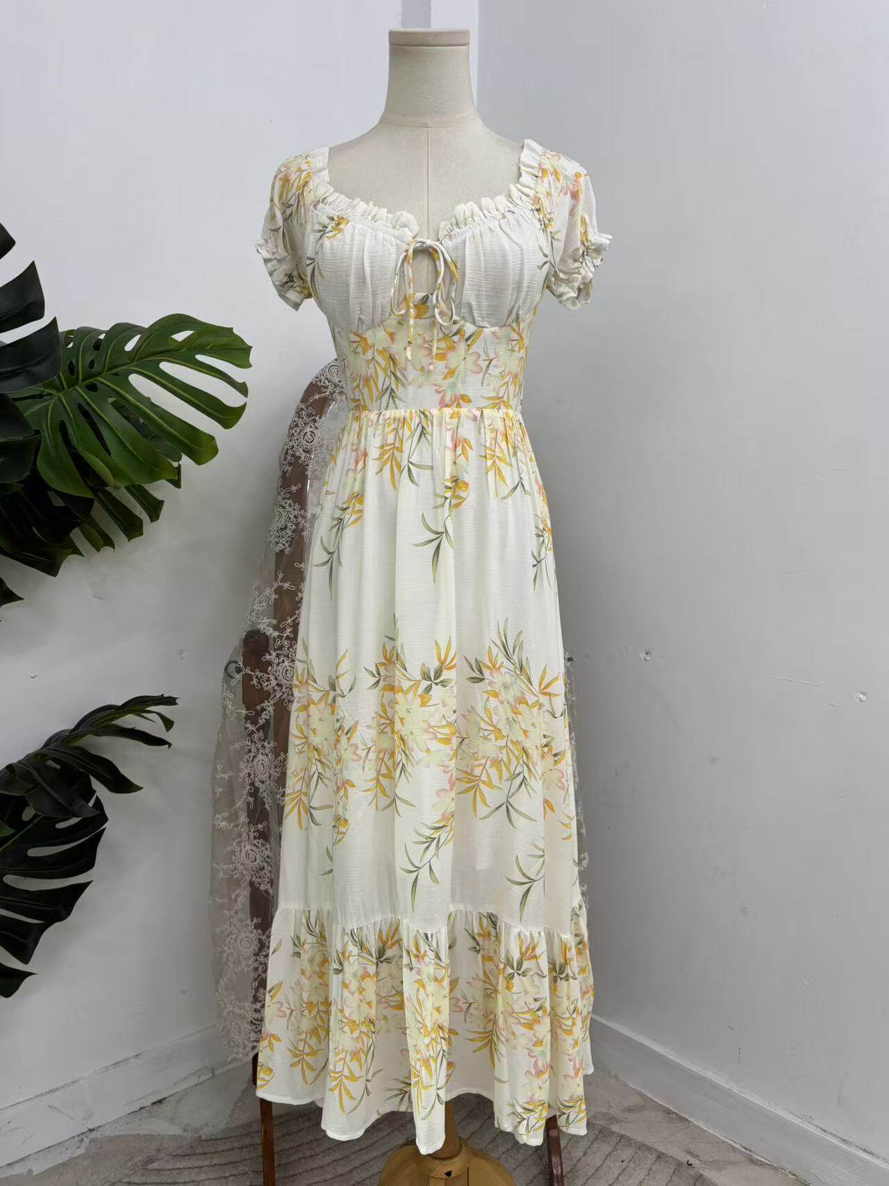 yellow floral pleated puff sleeve dress