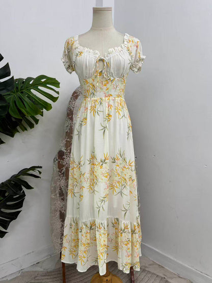 yellow floral pleated puff sleeve dress