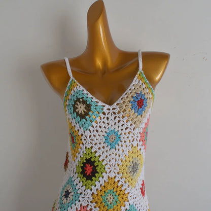 Boho Granny Square Crochet Mini Dress