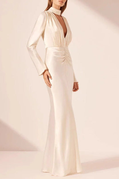 Ruched Deep V-Neck Long-Sleeve Satin Dress