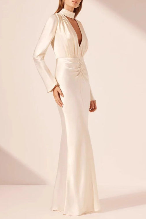 Ruched Deep V-Neck Long-Sleeve Satin Dress
