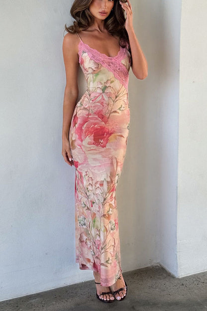 print backless lace hip skirt dress