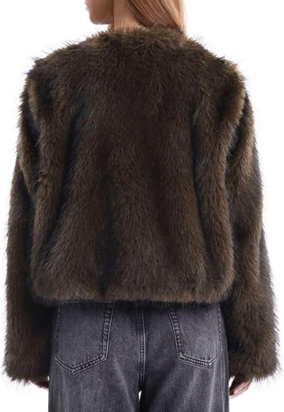 faux fur long-sleeved front open cropped coats
