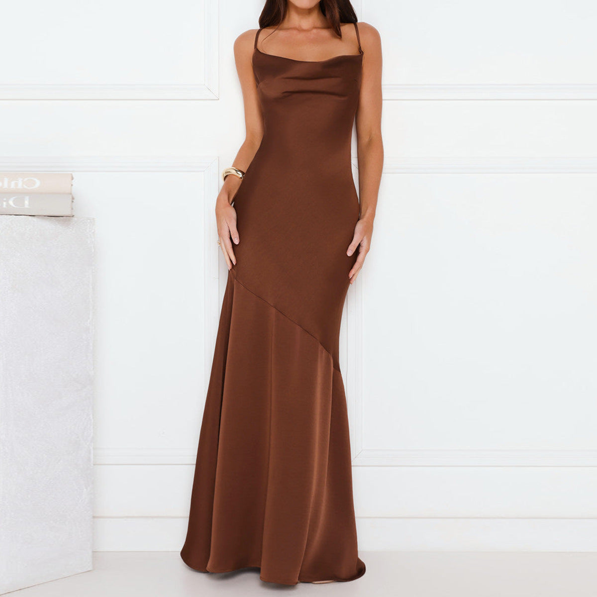 brown suspender backless mermaid evening dress