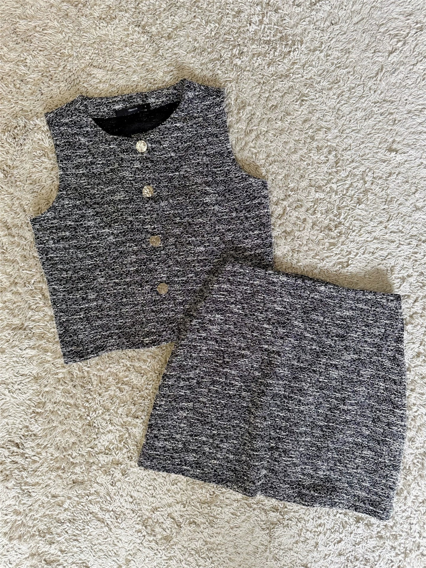 mixed silver thread fine glitter gold button vest hip-hugging skirt