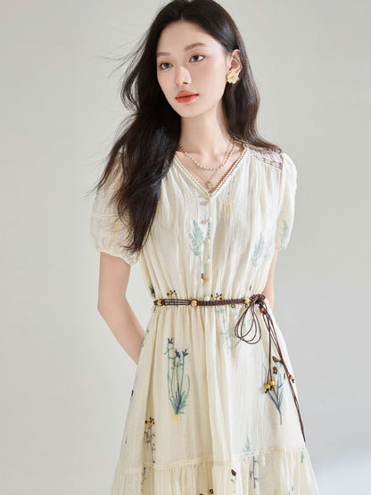 French Embroidered Tencel Pleated Textured midi Dress
