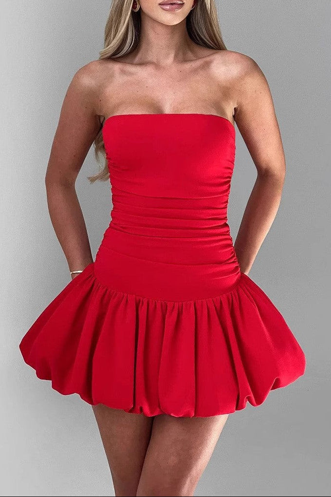 red Off-shoulder strapless sleeveless mini dress