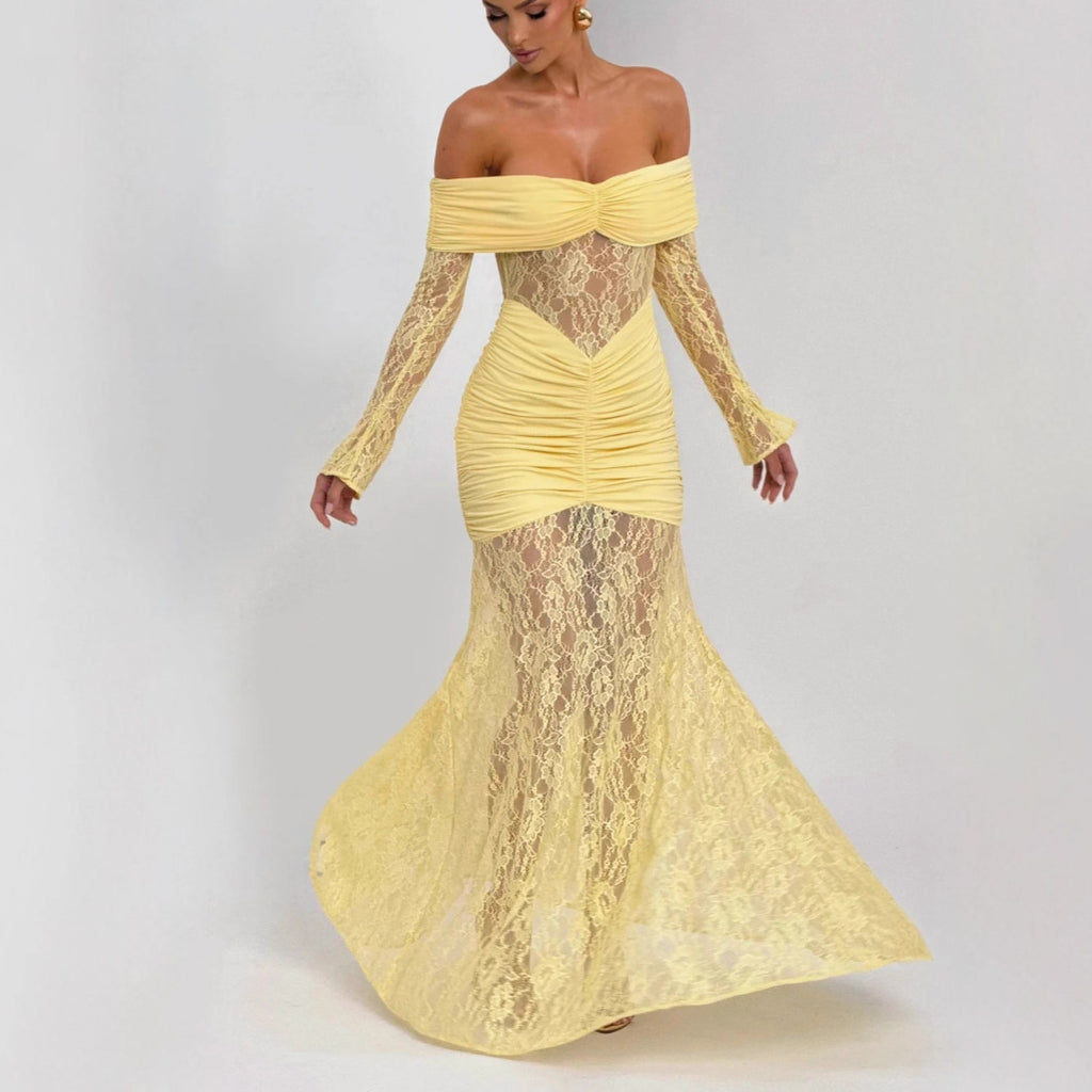damla yellow Lace-trimmed flared sleeve fishtail dress