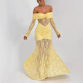 damla yellow Lace-trimmed flared sleeve fishtail dress