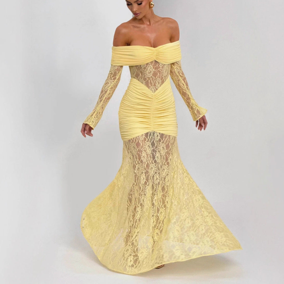 damla yellow Lace-trimmed flared sleeve fishtail dress
