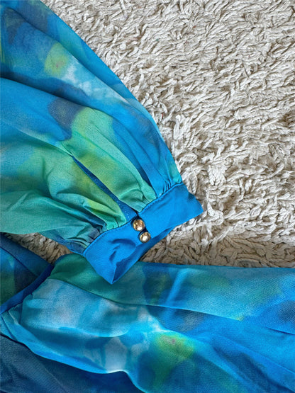 peacock blue graded button waist-cinching dress