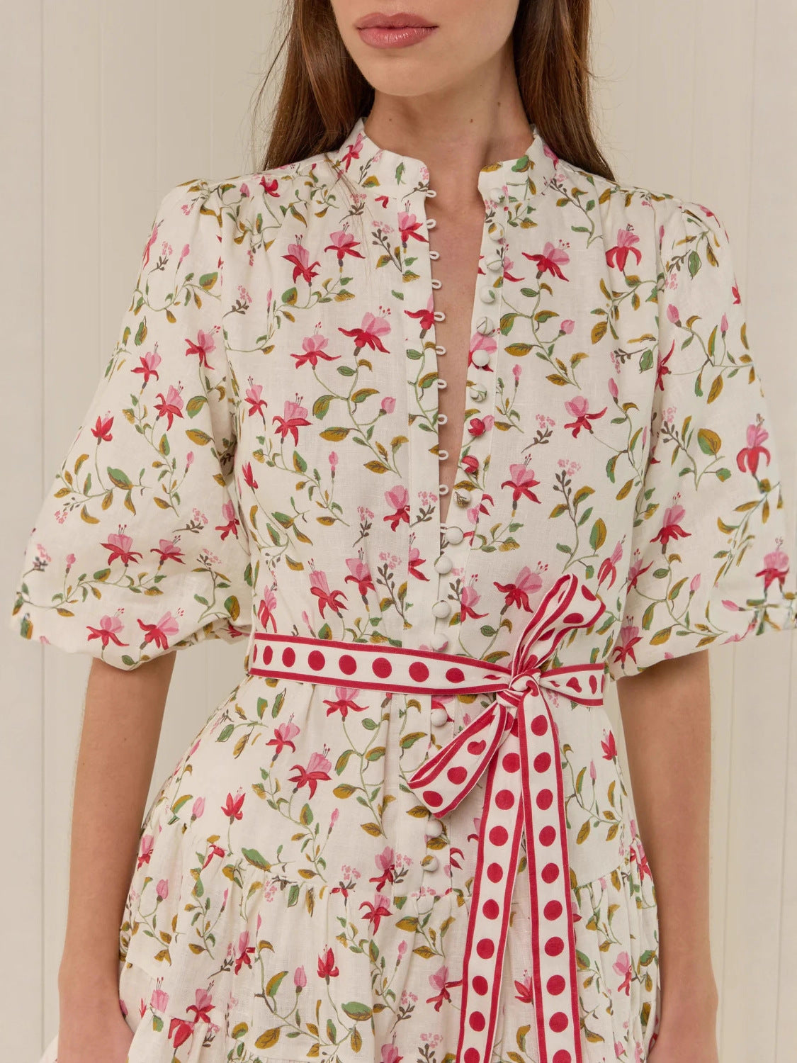 floral print puff sleeve Linen straps mini dress
