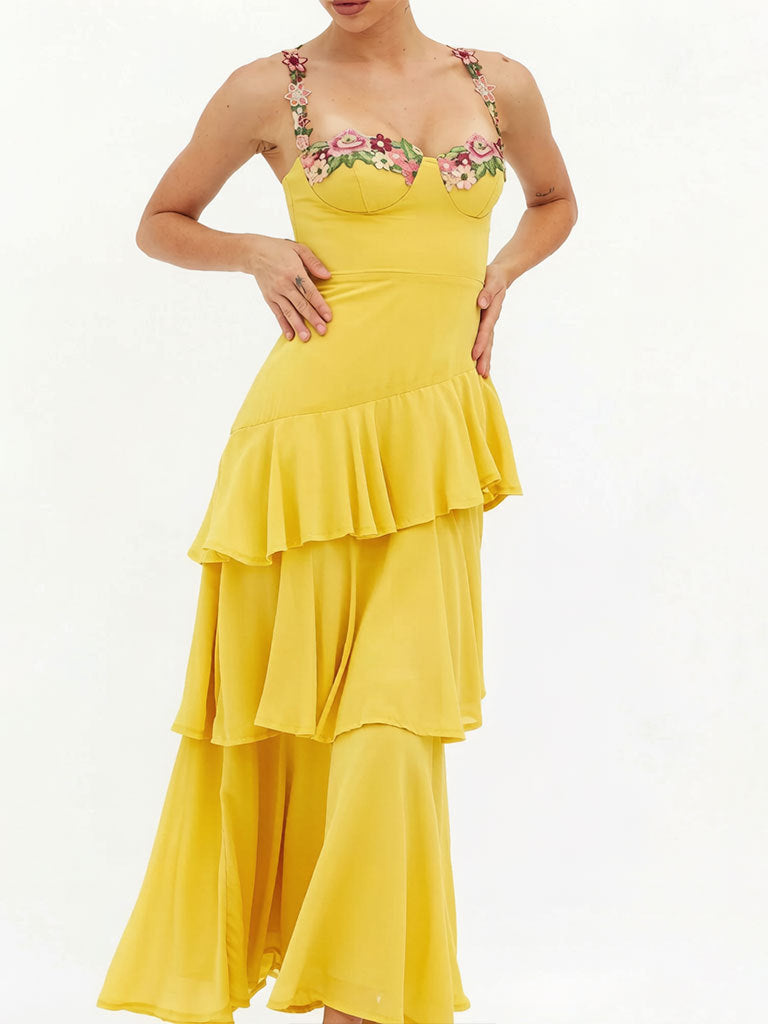 yellow Cascading Ruffle Floral Decorative Dress