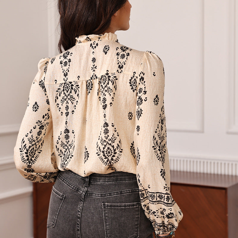 bohemian print shir stand-up collar fungus edge