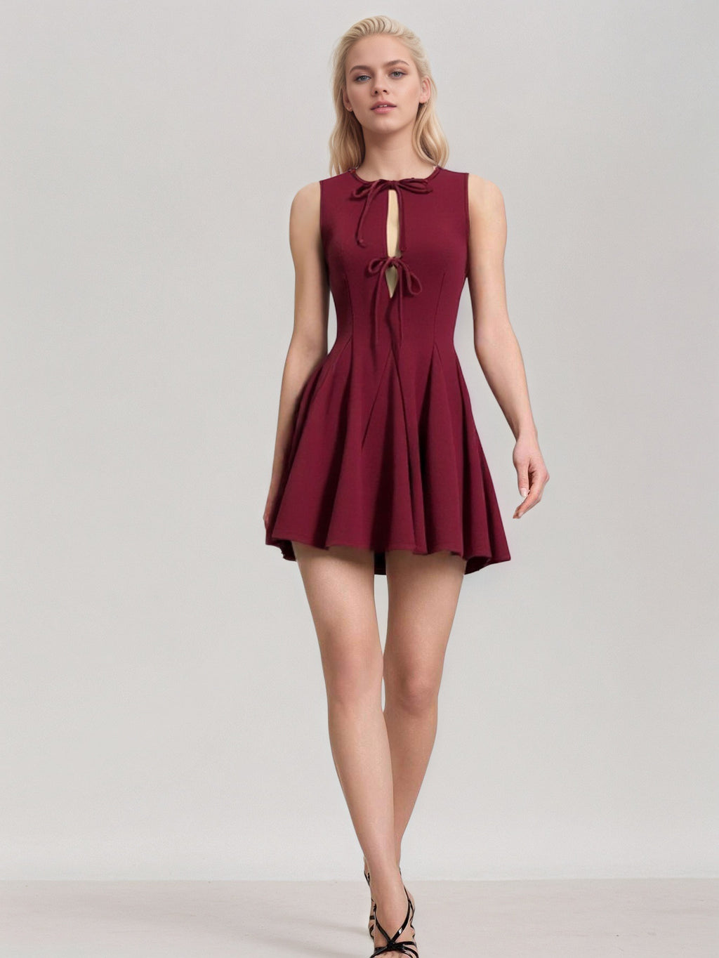 red Patchwork sleeveless fitted waist bow dress
