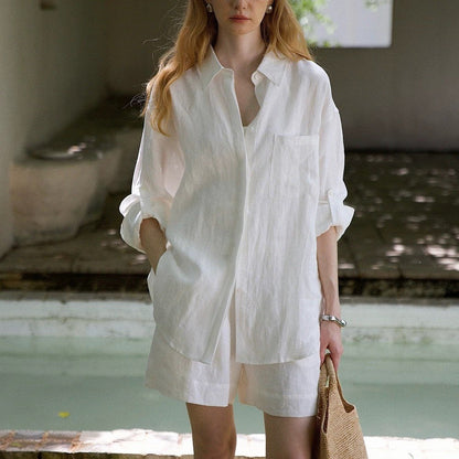 White linen oversized shirt and shorts set