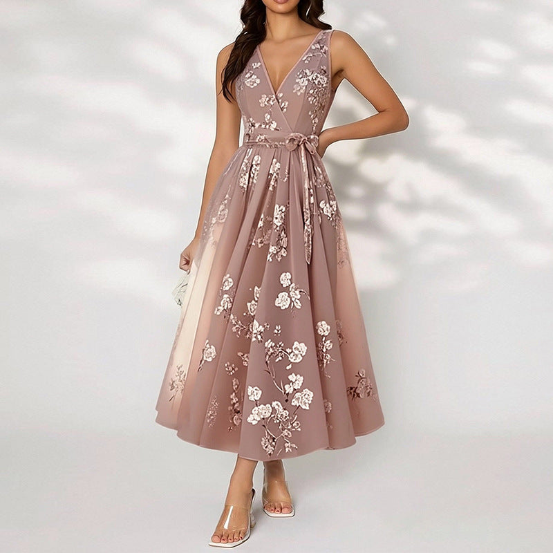 dark pink V-Neck Print Lace-up Sleeveless Dress