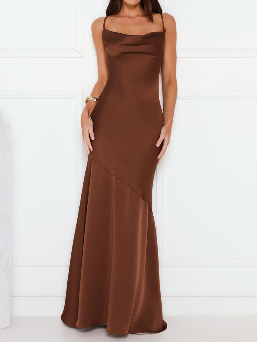 brown suspender backless mermaid evening dress