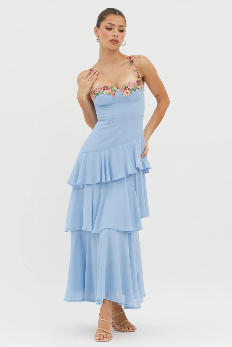 blue Cascading Ruffle Floral Decorative Dress